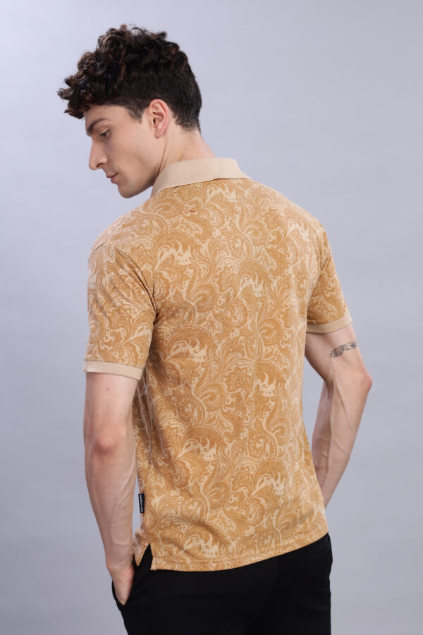 Elegant Paisley Print Polo T-Shirt – Beige & Gold Tones - Image 3