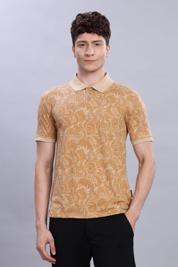 Elegant Paisley Print Polo T-Shirt – Beige & Gold Tones - Image 4