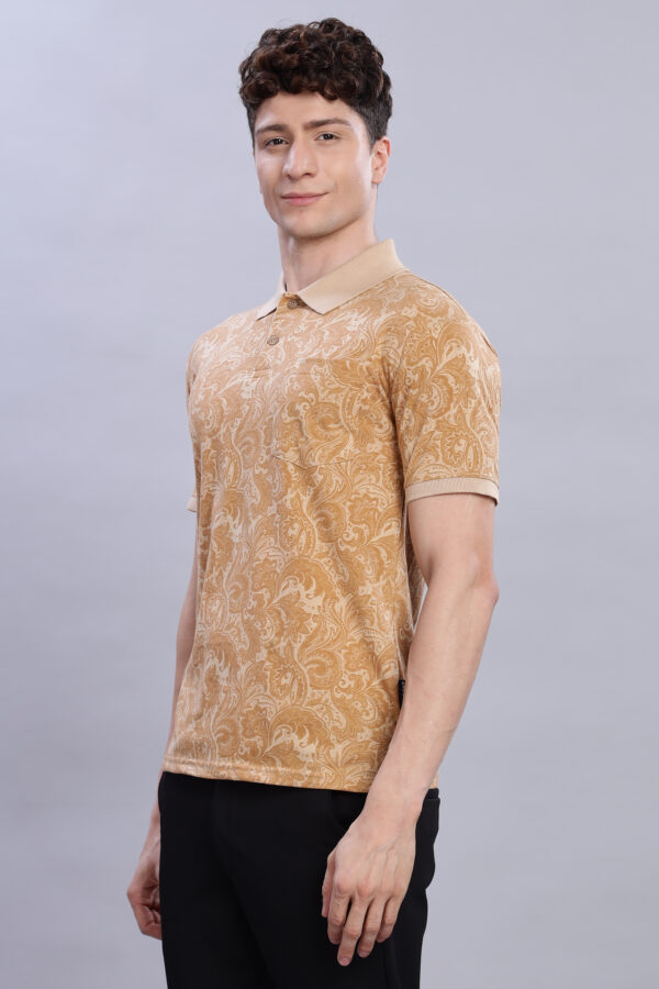 Elegant Paisley Print Polo T-Shirt – Beige & Gold Tones - Image 5