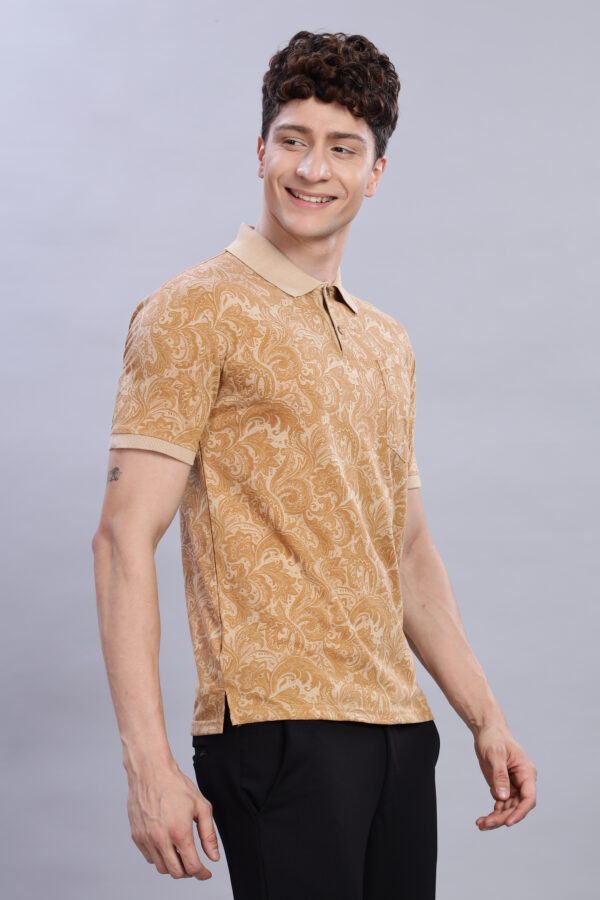 Elegant Paisley Print Polo T-Shirt – Beige & Gold Tones - Image 6