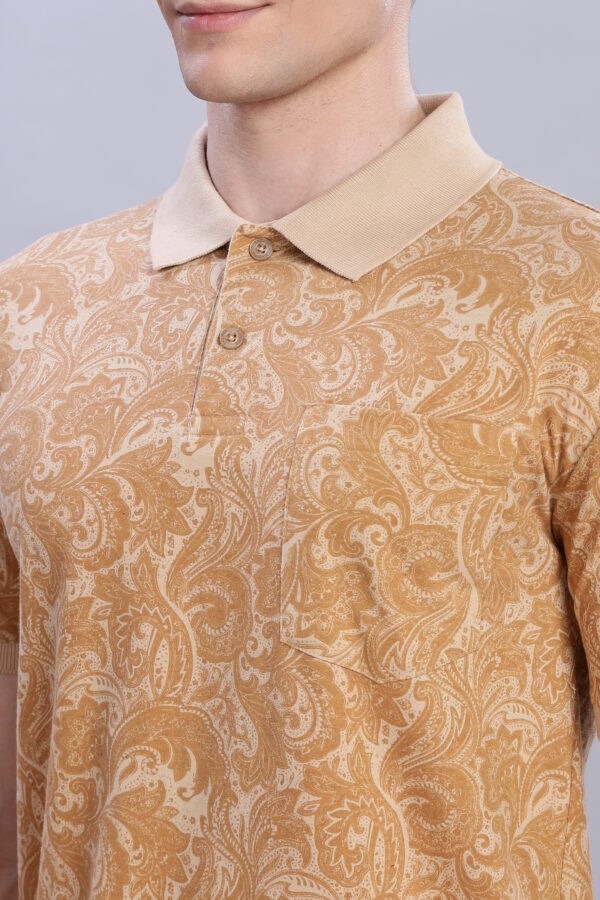 Elegant Paisley Print Polo T-Shirt – Beige & Gold Tones - Image 8