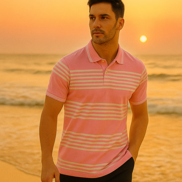 Premium cotton baby pink polo t-shirt with white stripes worn outdoors