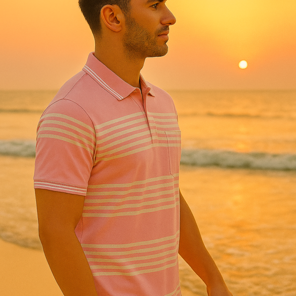 Premium cotton baby pink polo t-shirt with white stripes worn outdoors