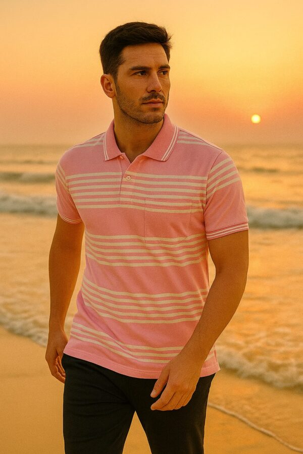 Premium cotton baby pink polo t-shirt with white stripes worn outdoors