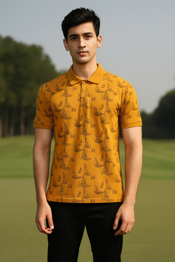 Exquiso Mustard Yellow Printed Polo T-Shirt