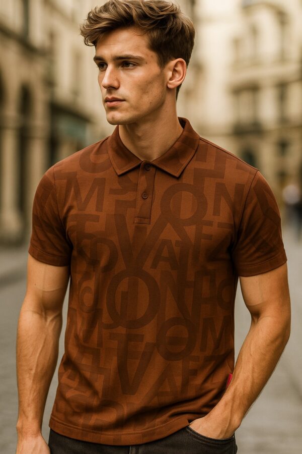Men’s Brown All-Over Lettered Print Polo T-Shirt