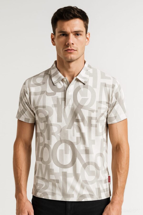 Exquiso Men’s White Typography Print Polo T-Shirt