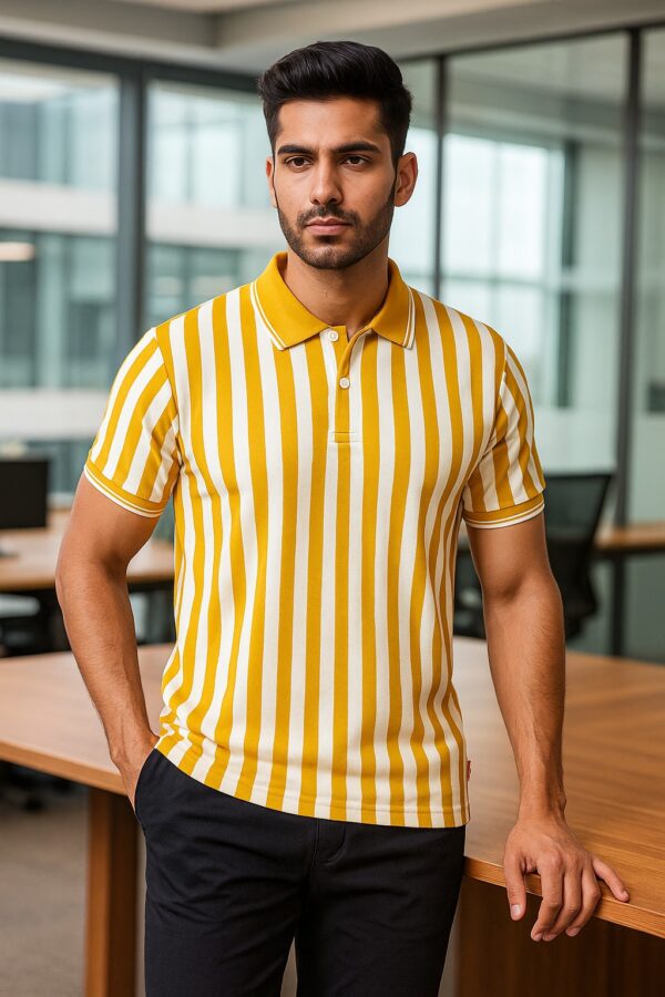 Men’s Yellow & White vertical Striped Polo T-Shirt